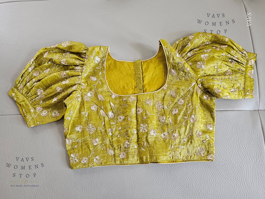 Green Crushed Silk Puff Sleeves Embroidered Blouse
