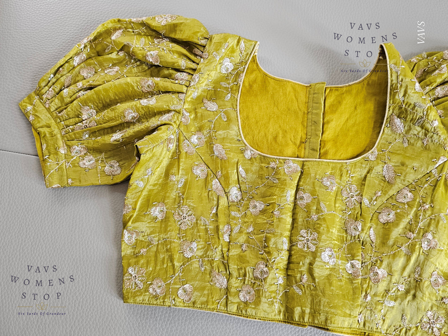 Green Crushed Silk Puff Sleeves Embroidered Blouse