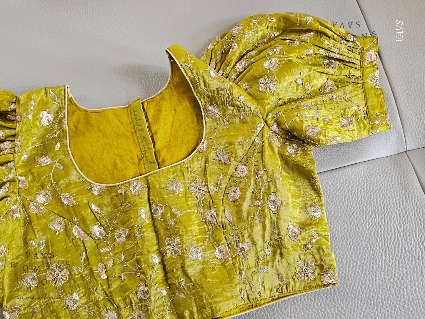 Green Crushed Silk Puff Sleeves Embroidered Blouse