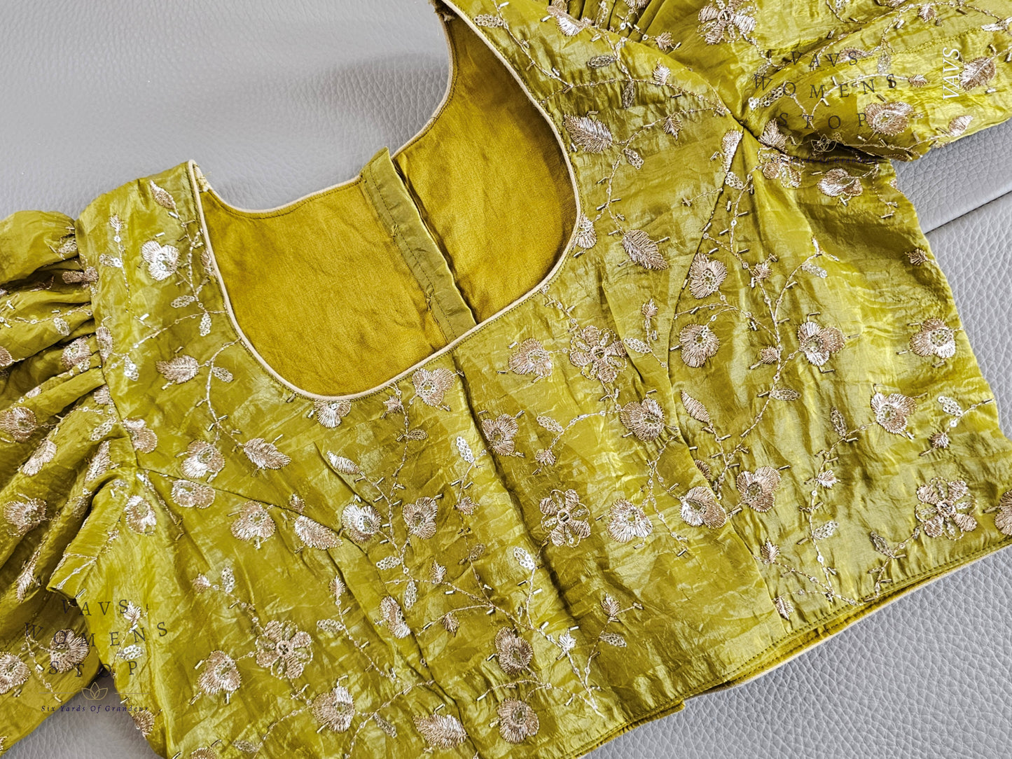 Green Crushed Silk Puff Sleeves Embroidered Blouse
