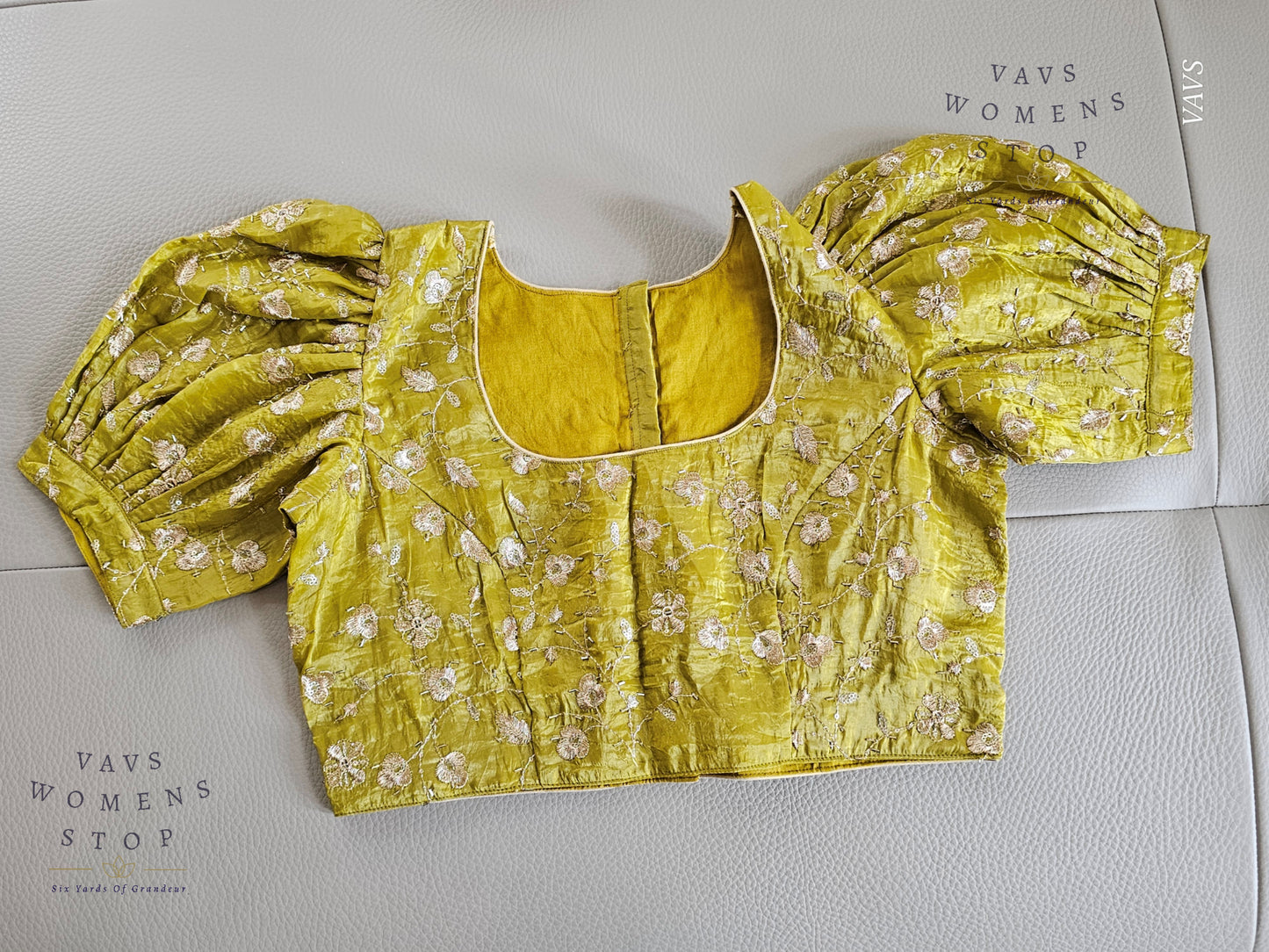 Green Crushed Silk Puff Sleeves Embroidered Blouse