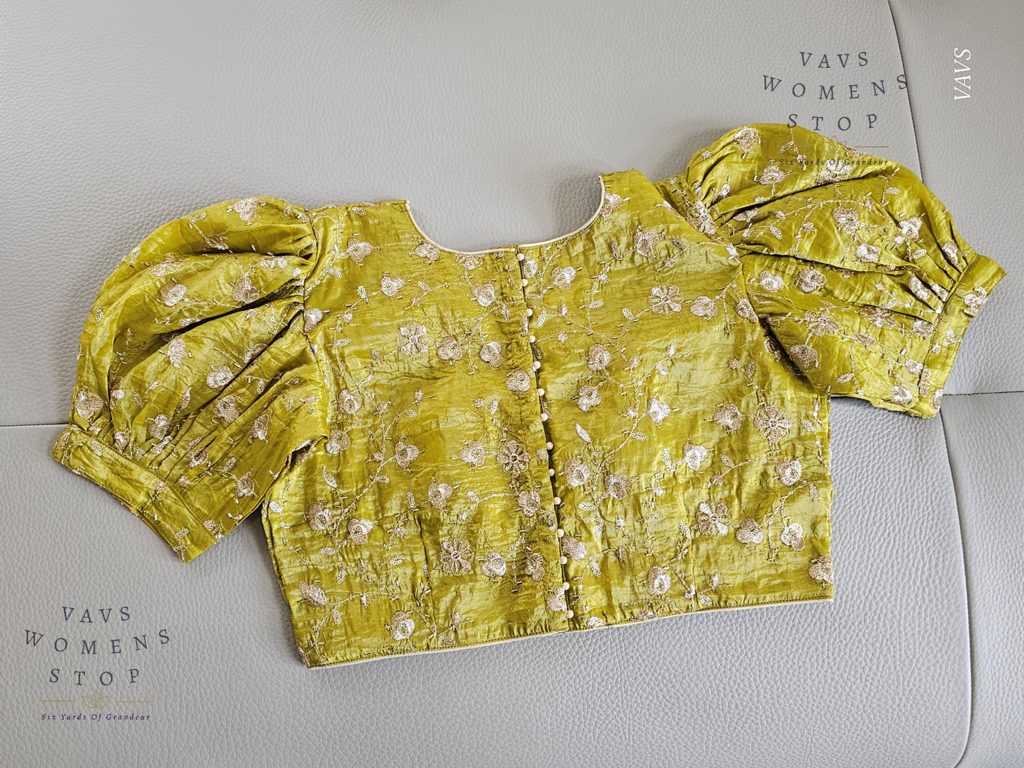 Green Crushed Silk Puff Sleeves Embroidered Blouse
