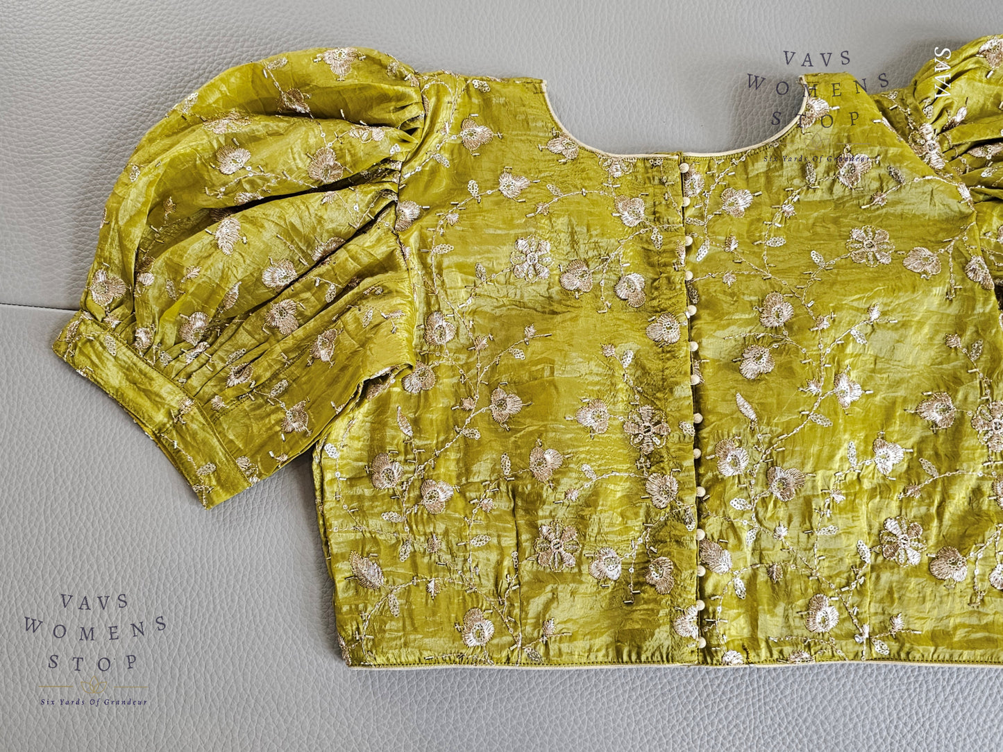 Green Crushed Silk Puff Sleeves Embroidered Blouse