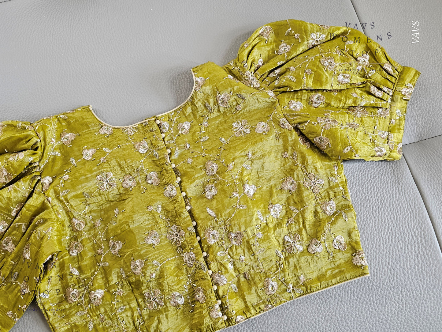 Green Crushed Silk Puff Sleeves Embroidered Blouse