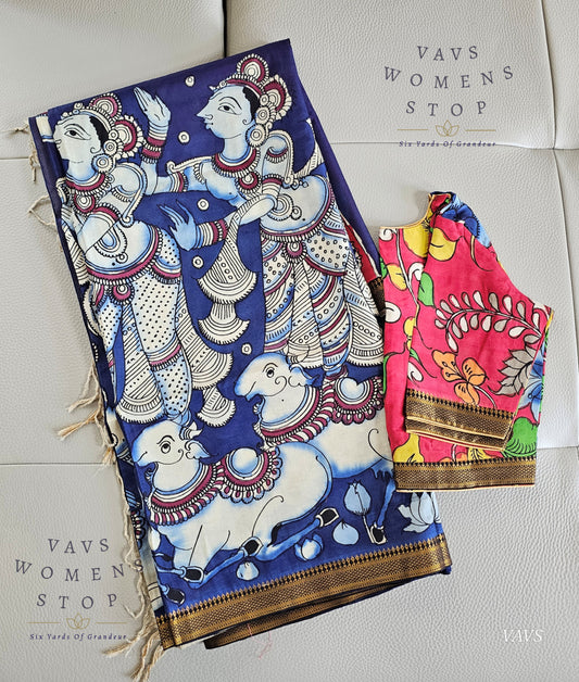 Bangalore Silk Kalamkari Hand-Painted Saree with Zari Border & Stitched Blouse