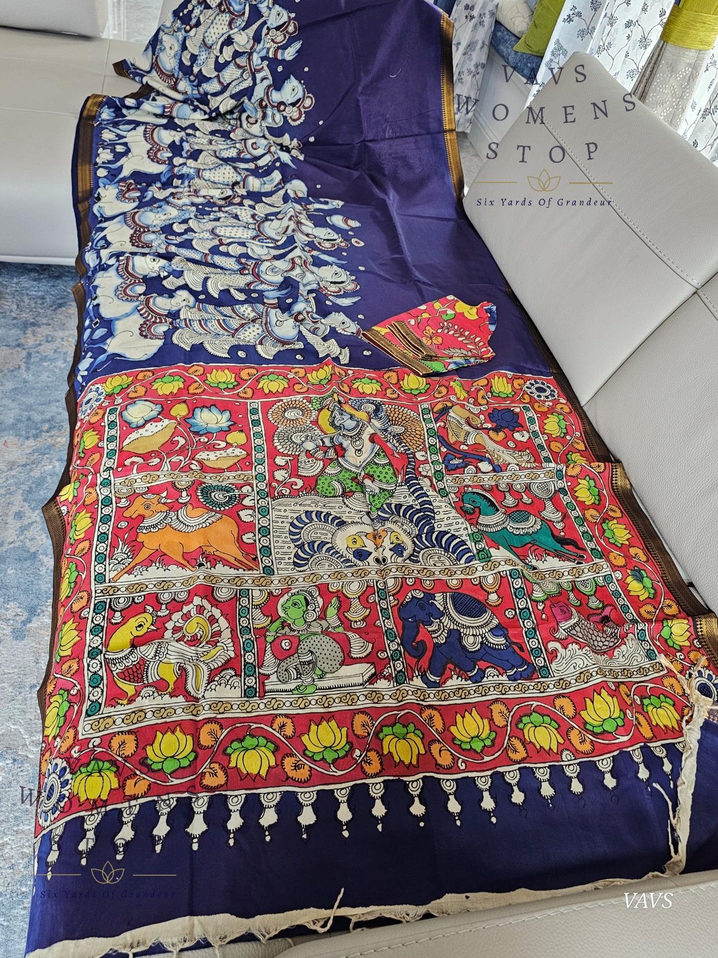 Bangalore Silk Kalamkari Hand-Painted Saree with Zari Border & Stitched Blouse