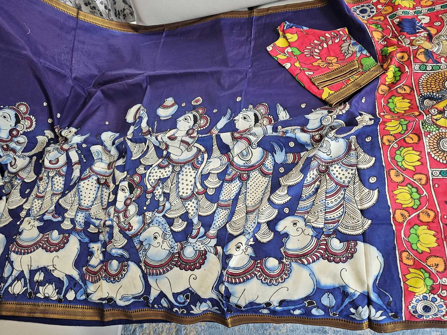 Bangalore Silk Kalamkari Hand-Painted Saree with Zari Border & Stitched Blouse