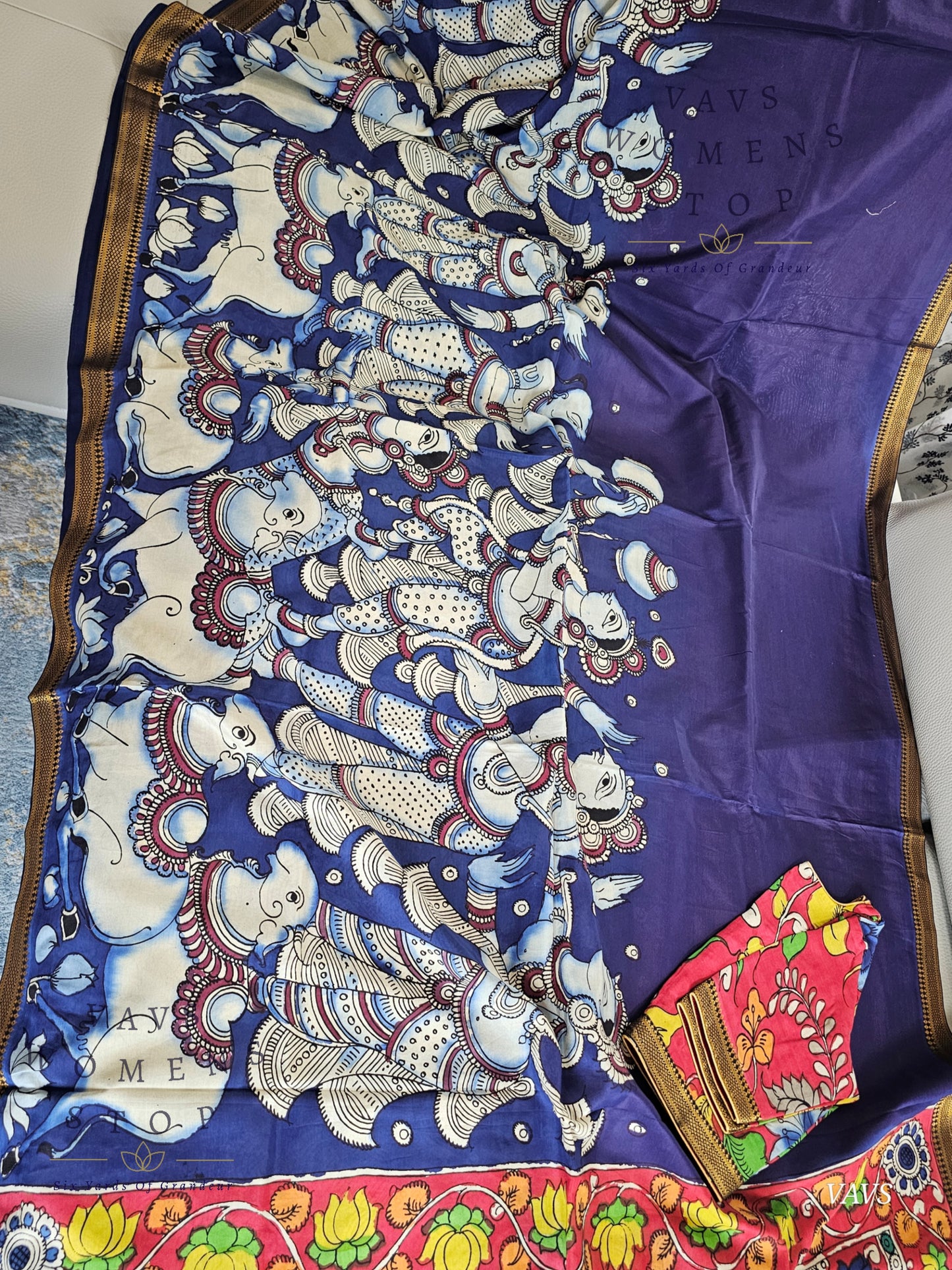 Bangalore Silk Kalamkari Hand-Painted Saree with Zari Border & Stitched Blouse