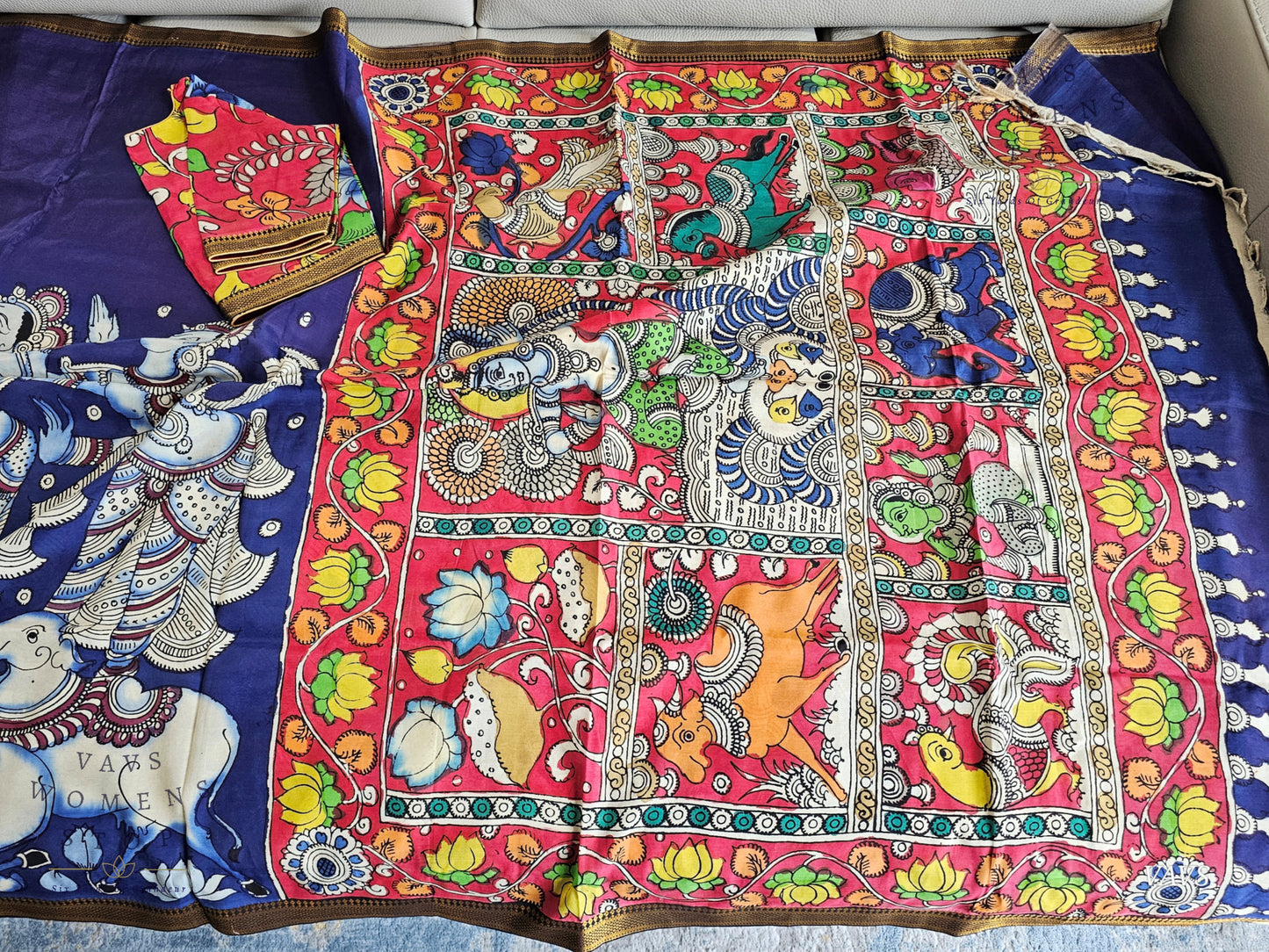 Bangalore Silk Kalamkari Hand-Painted Saree with Zari Border & Stitched Blouse