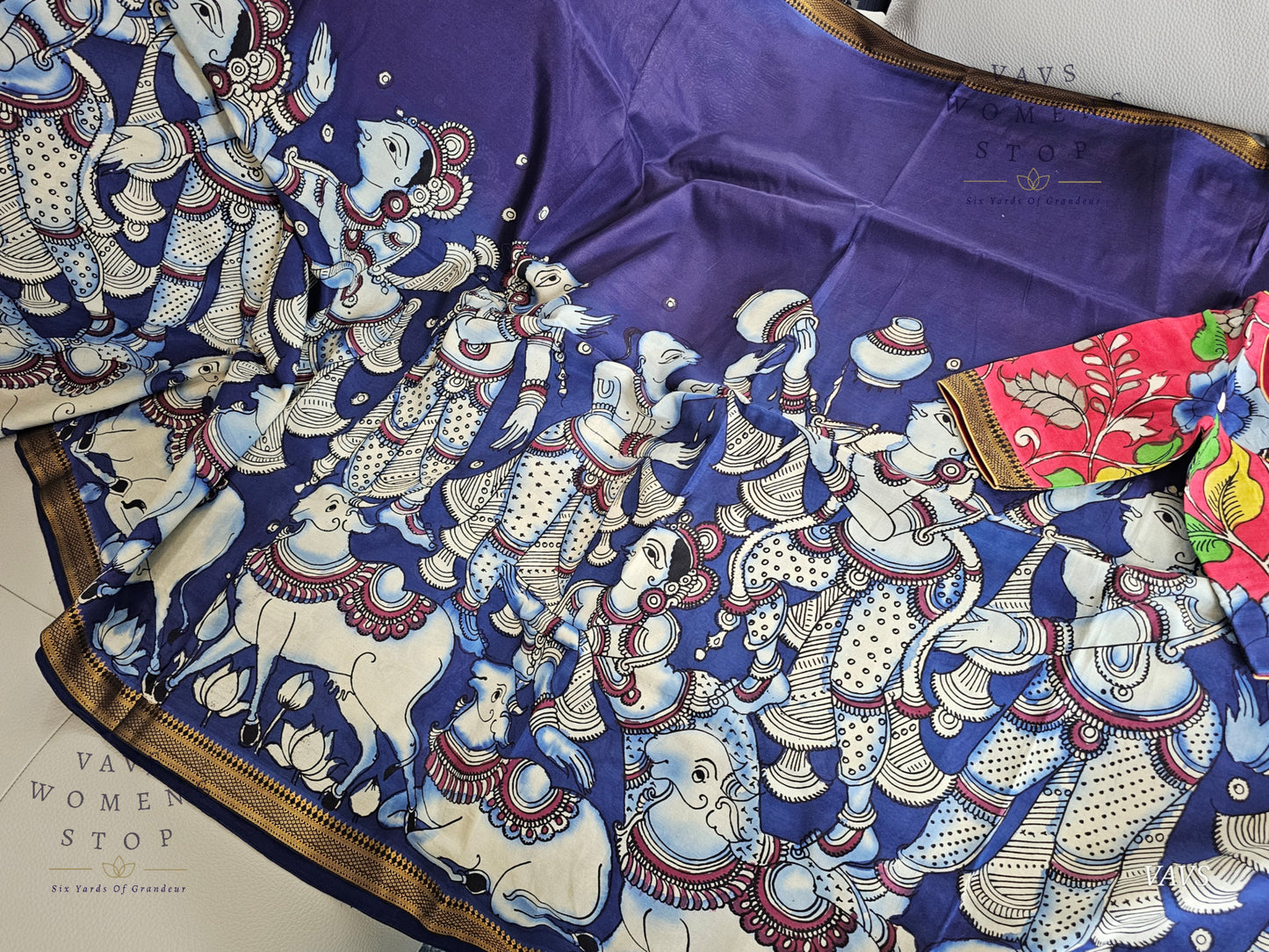 Bangalore Silk Kalamkari Hand-Painted Saree with Zari Border & Stitched Blouse