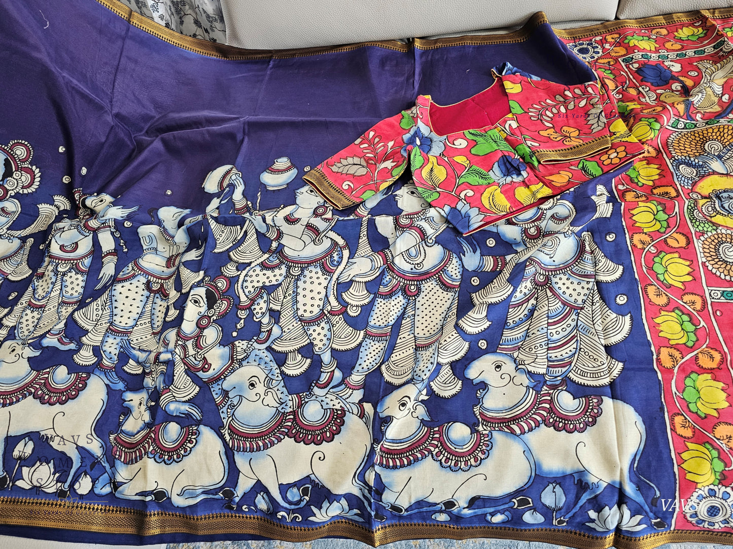 Bangalore Silk Kalamkari Hand-Painted Saree with Zari Border & Stitched Blouse