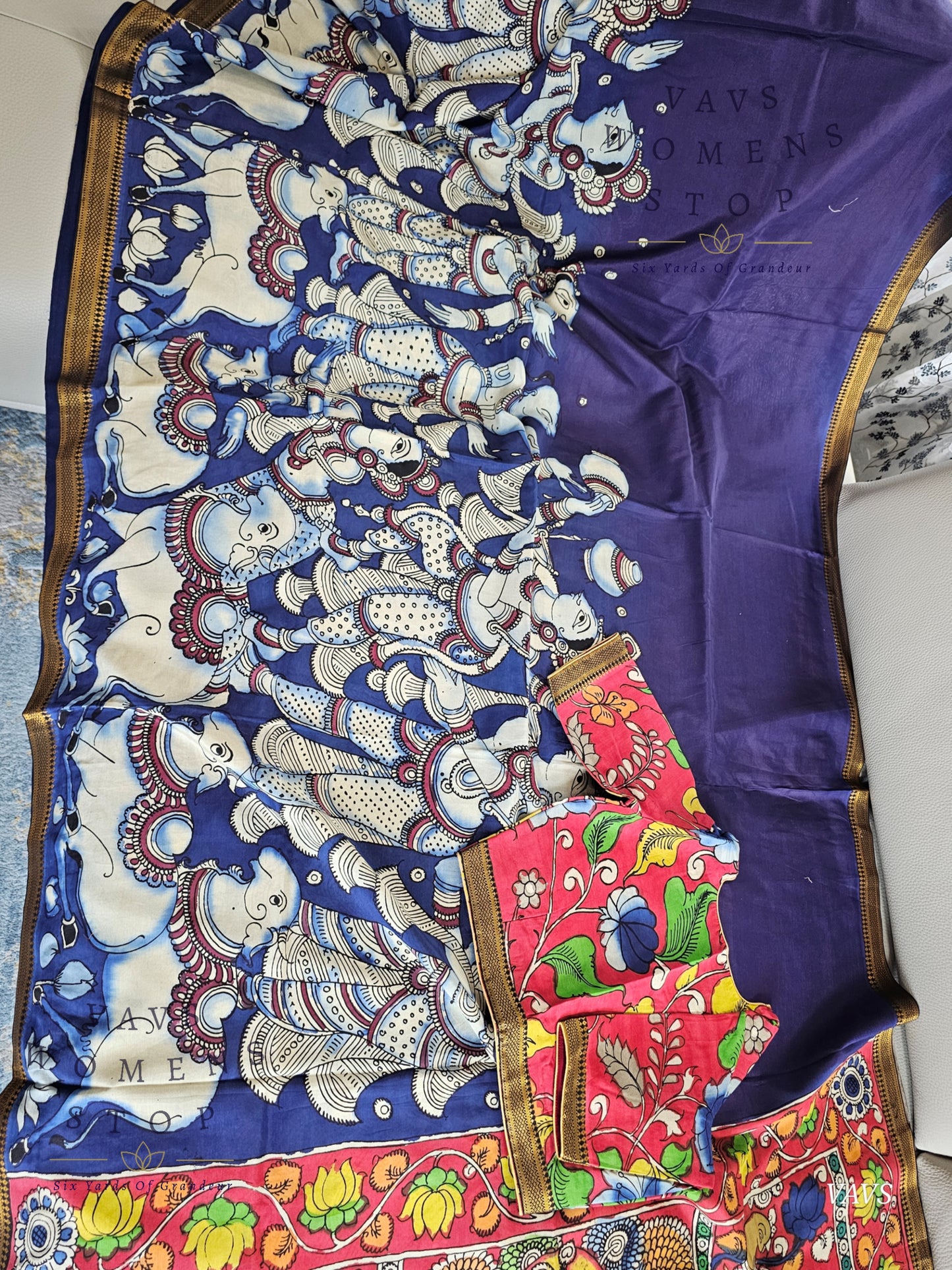 Bangalore Silk Kalamkari Hand-Painted Saree with Zari Border & Stitched Blouse