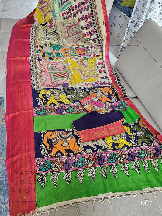 Bangalore Silk Kalamkari Hand-Painted Saree with Zari Border & Stitched Blouse