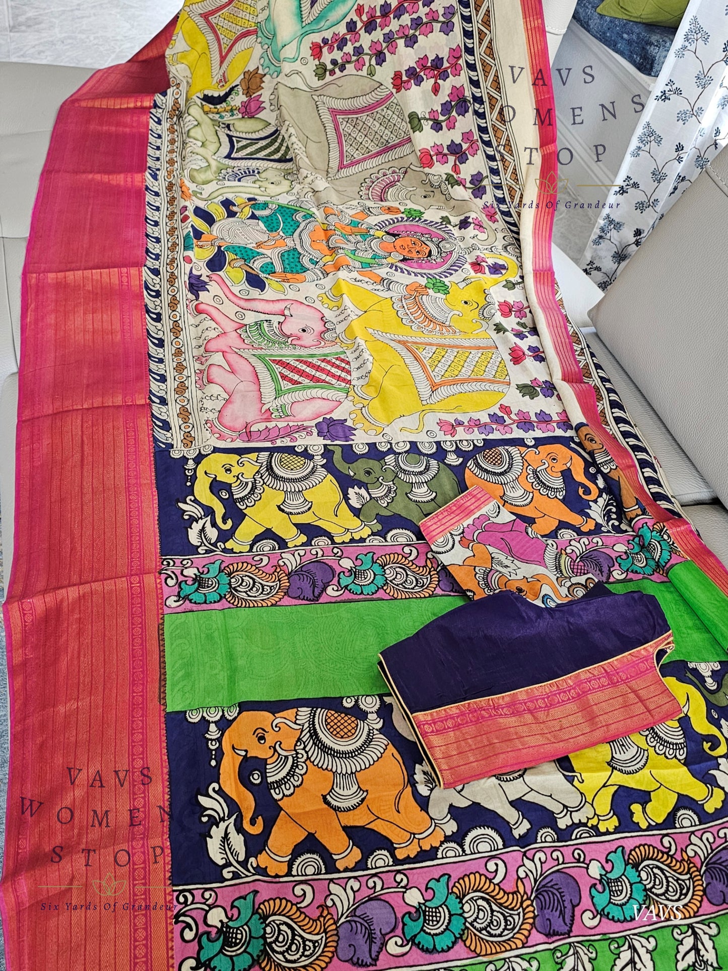 Bangalore Silk Kalamkari Hand-Painted Saree with Zari Border & Stitched Blouse
