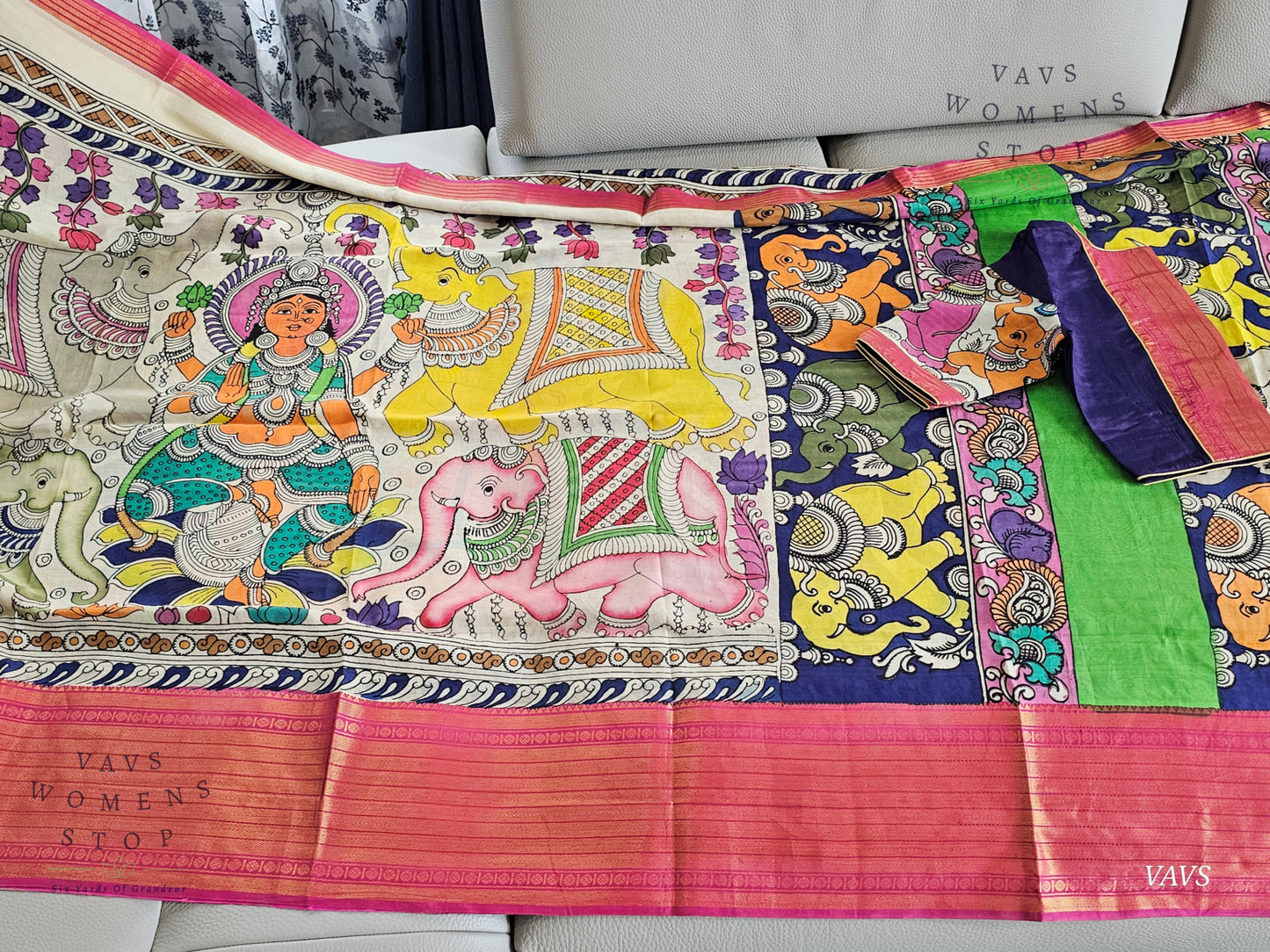 Bangalore Silk Kalamkari Hand-Painted Saree with Zari Border & Stitched Blouse