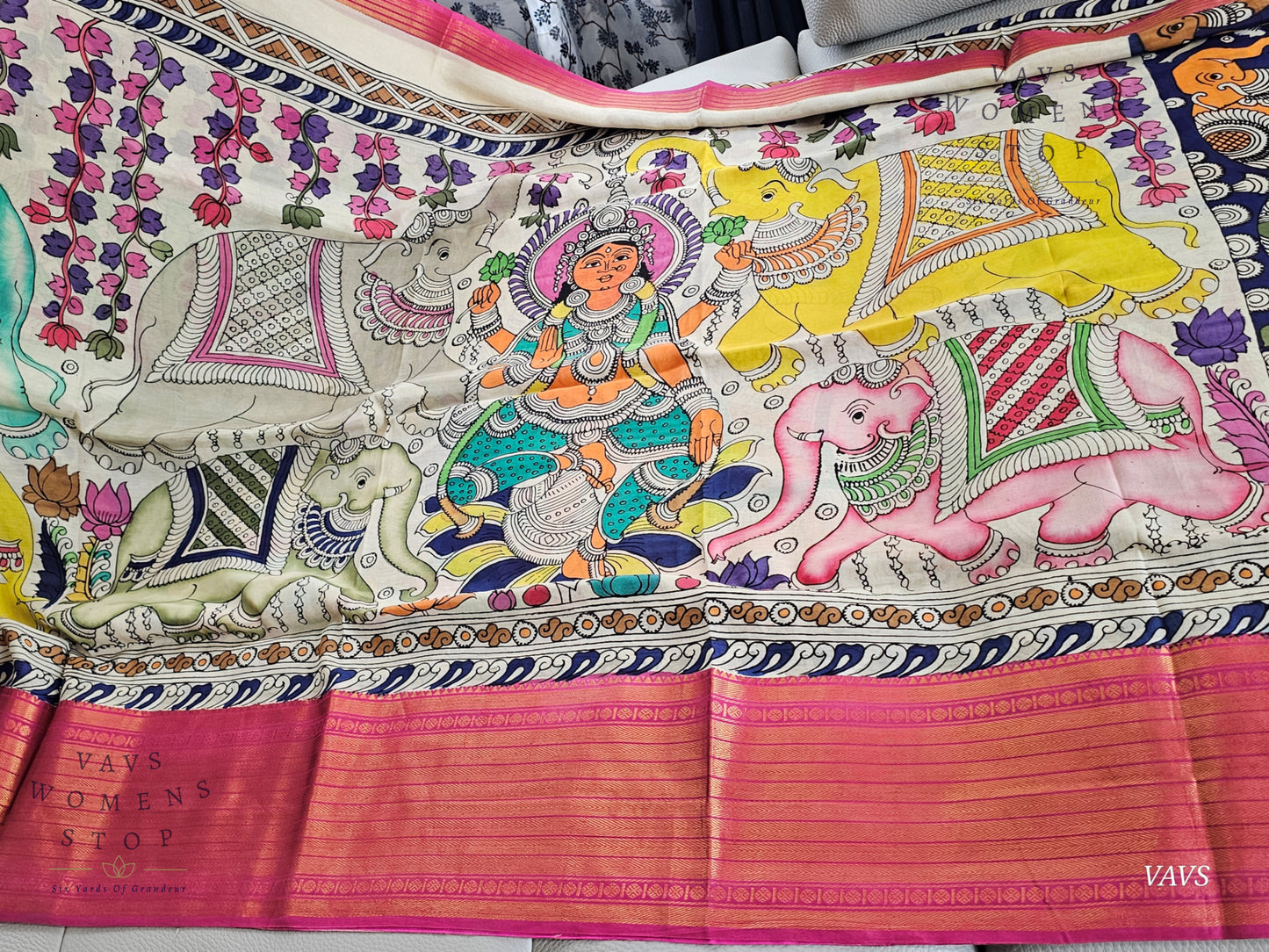 Bangalore Silk Kalamkari Hand-Painted Saree with Zari Border & Stitched Blouse