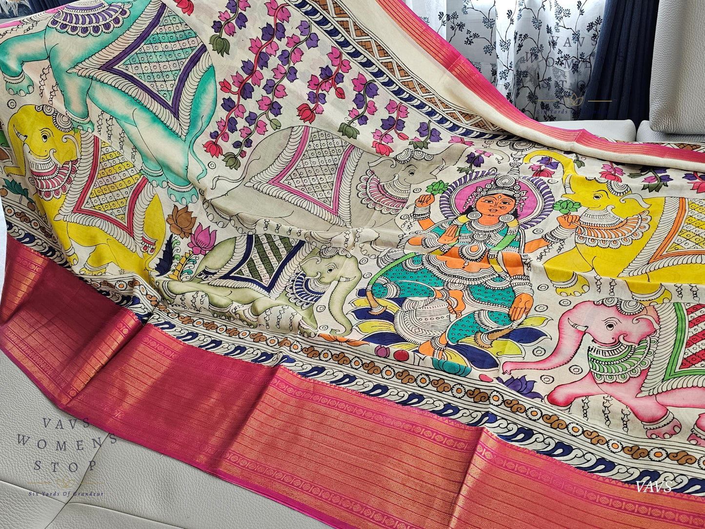 Bangalore Silk Kalamkari Hand-Painted Saree with Zari Border & Stitched Blouse