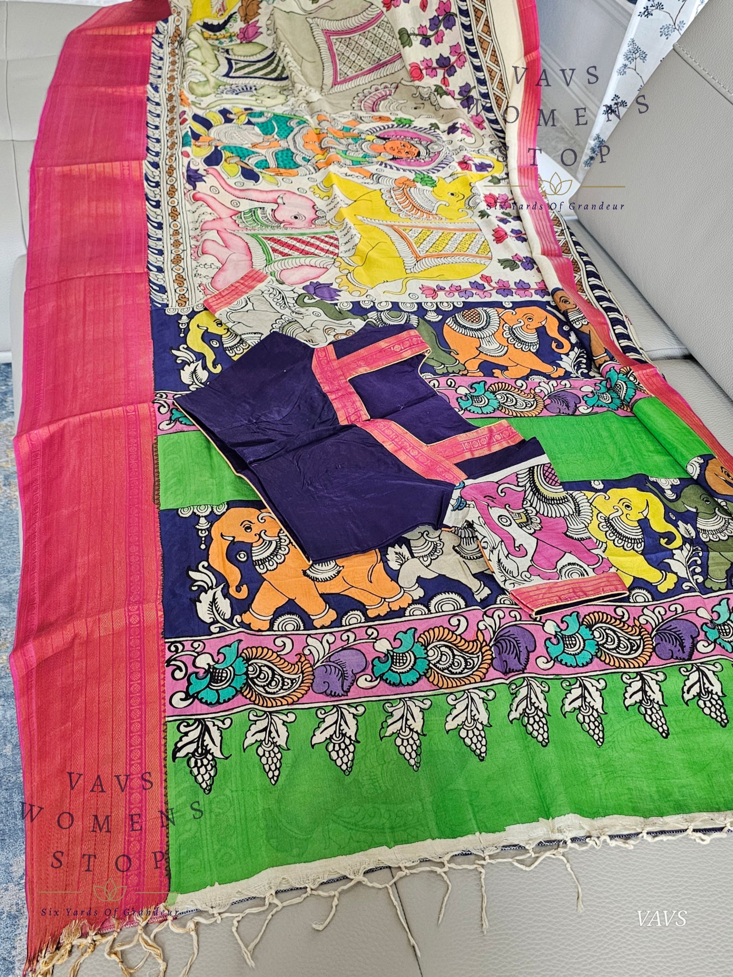 Bangalore Silk Kalamkari Hand-Painted Saree with Zari Border & Stitched Blouse