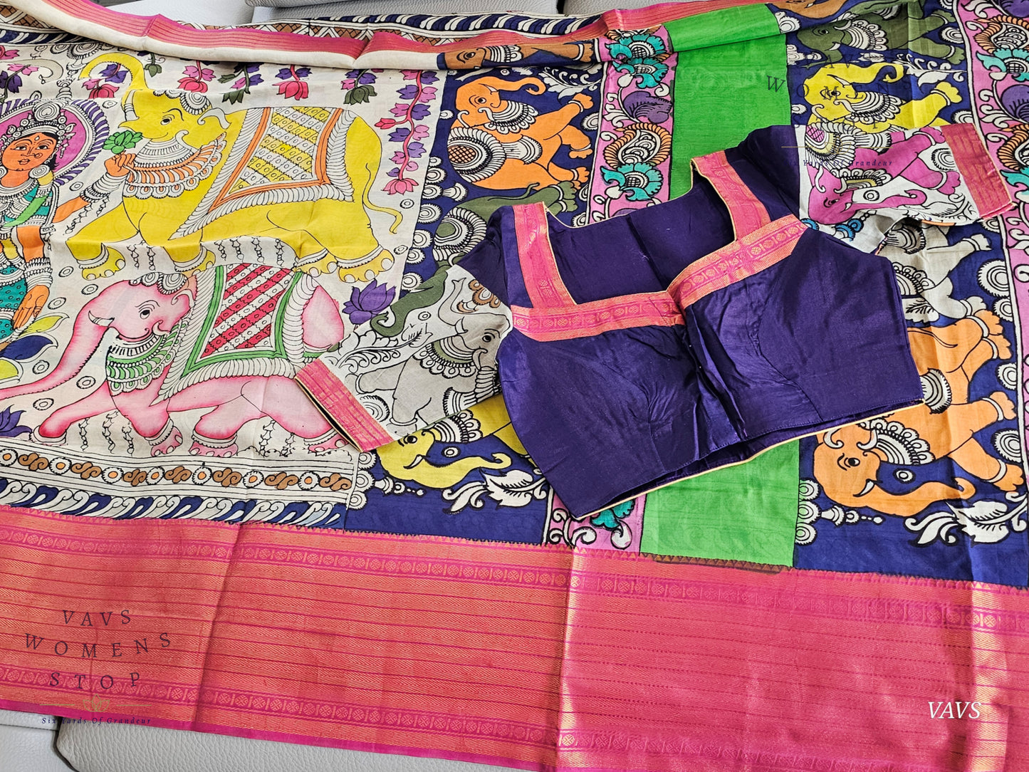 Bangalore Silk Kalamkari Hand-Painted Saree with Zari Border & Stitched Blouse