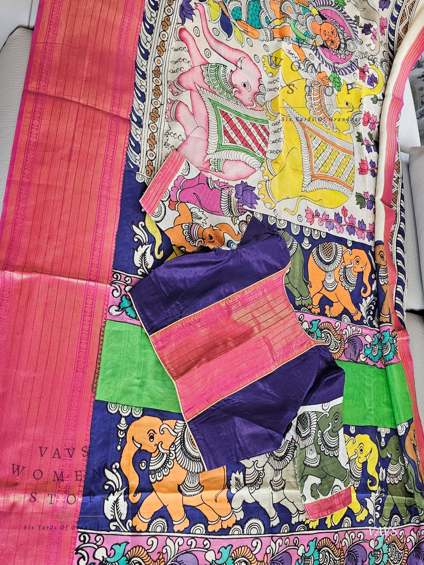 Bangalore Silk Kalamkari Hand-Painted Saree with Zari Border & Stitched Blouse