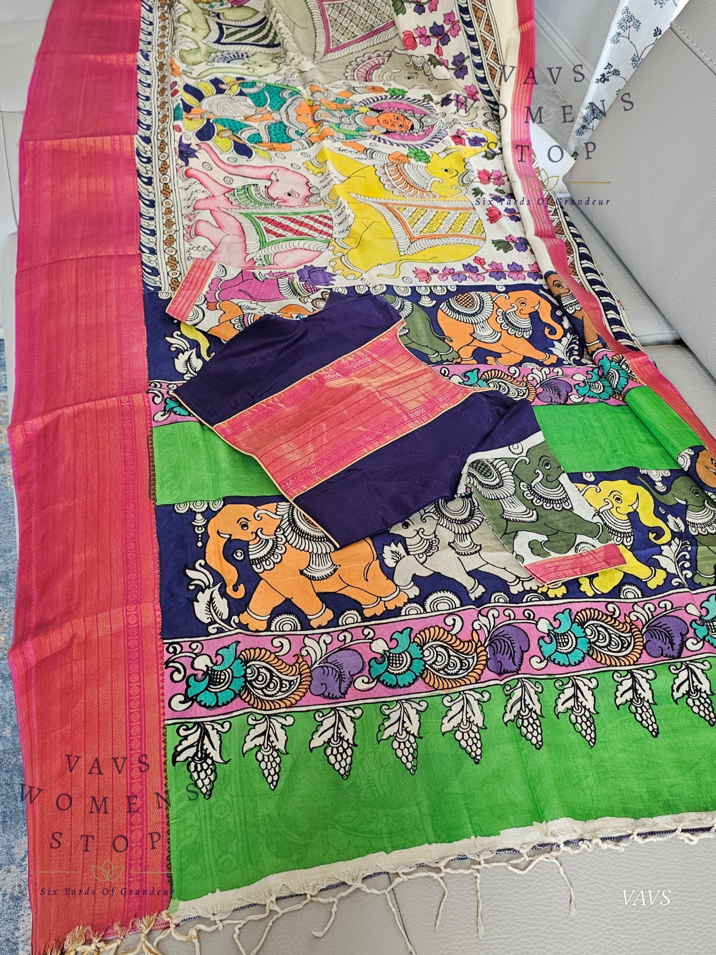 Bangalore Silk Kalamkari Hand-Painted Saree with Zari Border & Stitched Blouse