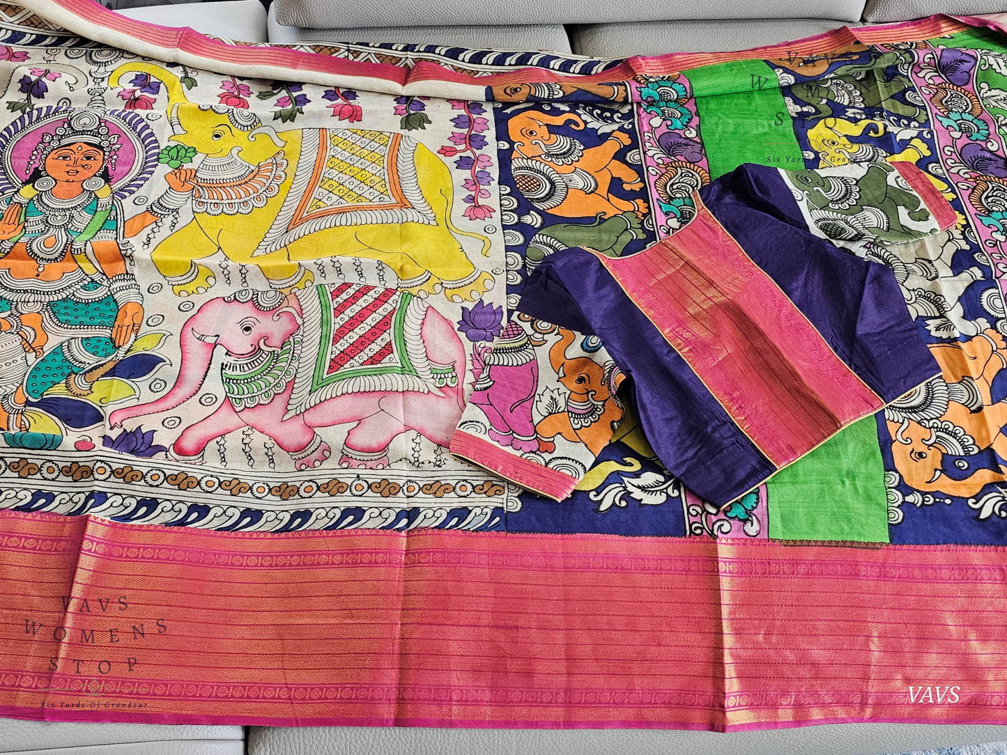 Bangalore Silk Kalamkari Hand-Painted Saree with Zari Border & Stitched Blouse