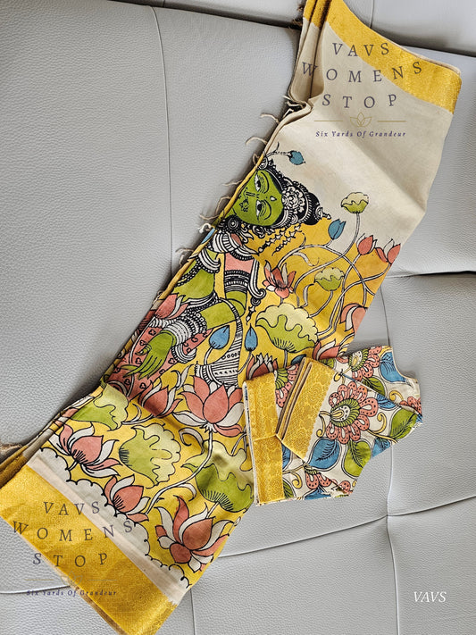Bangalore Silk Kalamkari Hand-Painted Saree with Zari Border & Stitched Blouse