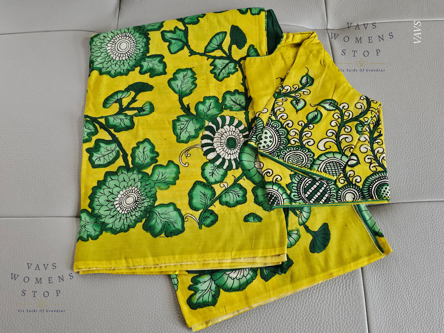 Bangalore Silk Kalamkari Hand-Painted Saree & Stitched Blouse