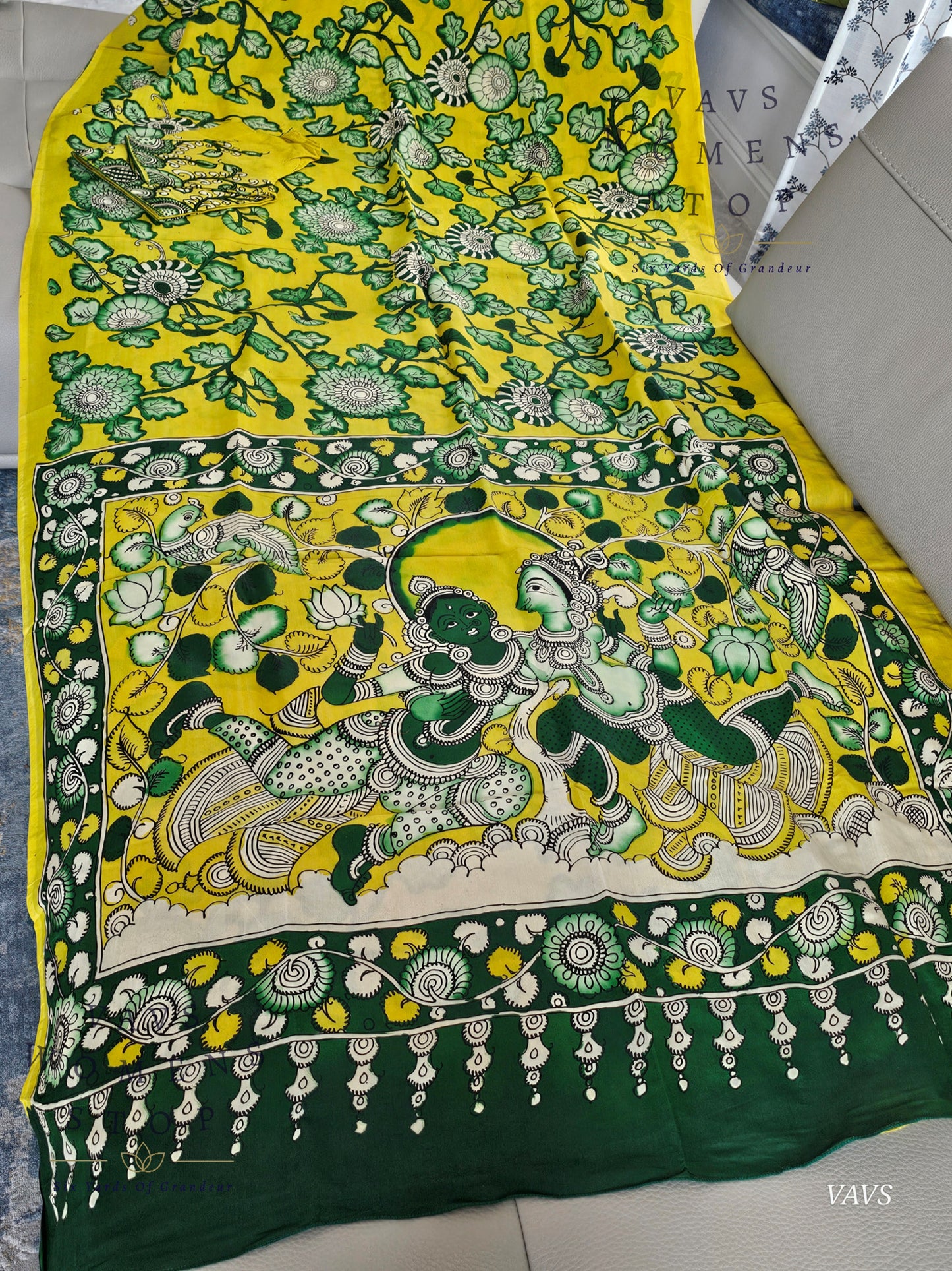 Bangalore Silk Kalamkari Hand-Painted Saree & Stitched Blouse