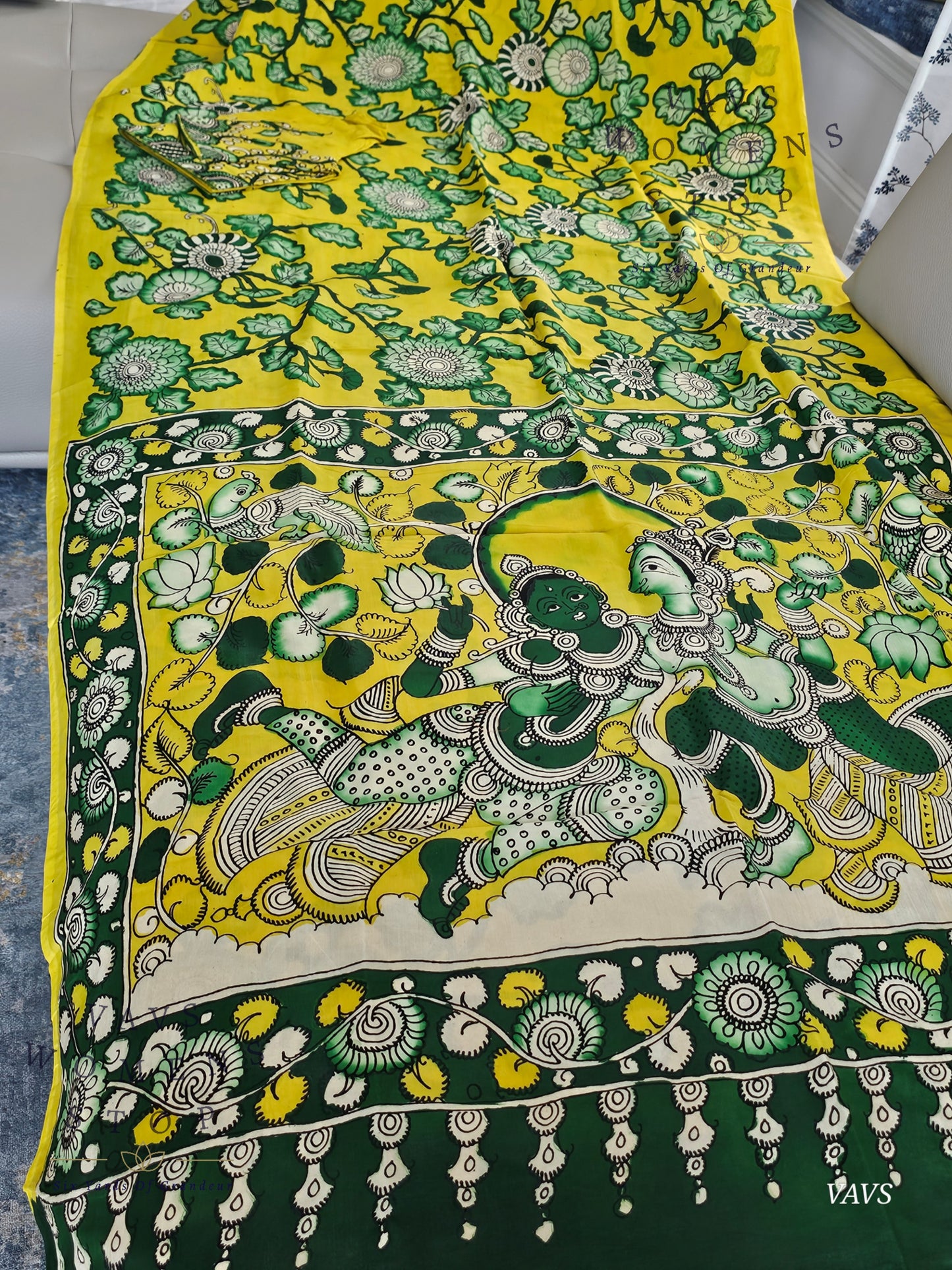 Bangalore Silk Kalamkari Hand-Painted Saree & Stitched Blouse