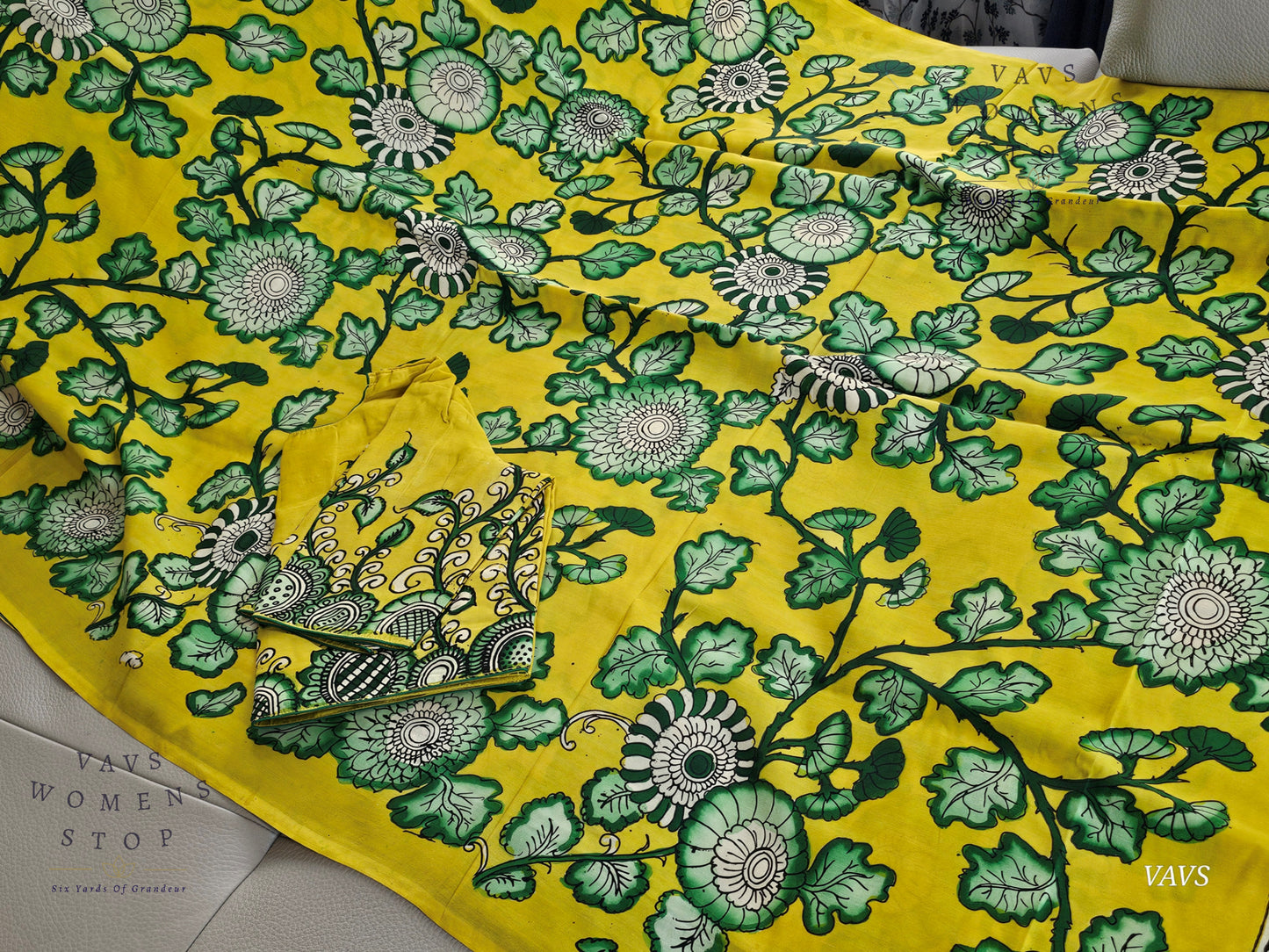 Bangalore Silk Kalamkari Hand-Painted Saree & Stitched Blouse
