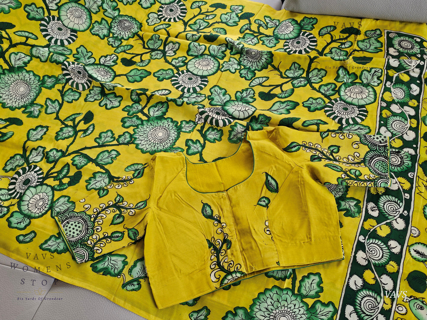 Bangalore Silk Kalamkari Hand-Painted Saree & Stitched Blouse