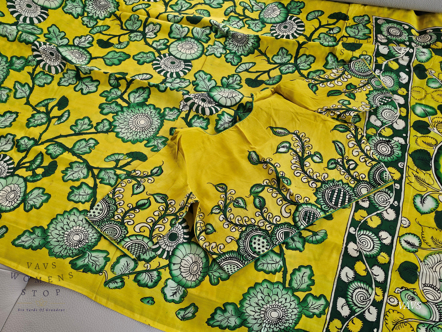 Bangalore Silk Kalamkari Hand-Painted Saree & Stitched Blouse