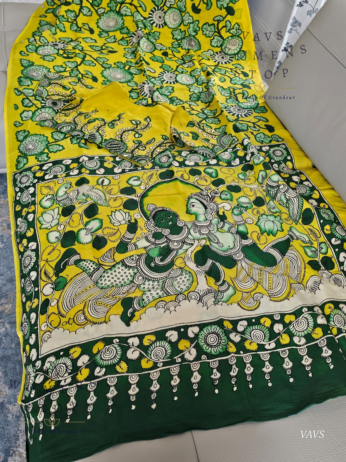 Bangalore Silk Kalamkari Hand-Painted Saree & Stitched Blouse