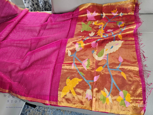 Buy Pink Muslin Silk Saree with Sequins & Paithani Pallu | Ready to Ship USA – Women’s Stop