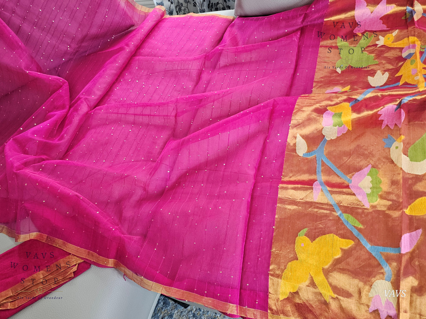 Pink Shade Pure Muslin Silk Saree with Sequins Work & Paithani Pallu