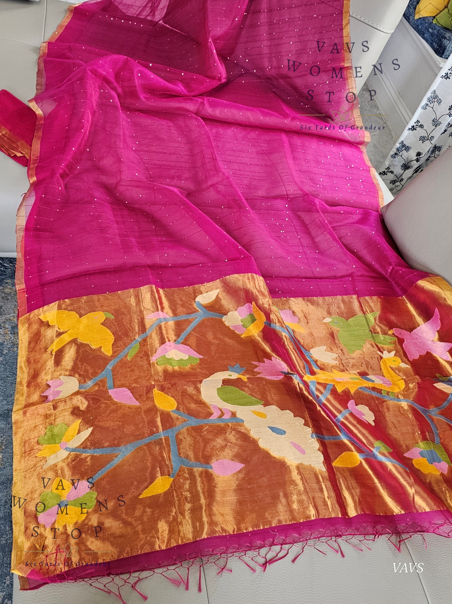 Pink Shade Pure Muslin Silk Saree with Sequins Work & Paithani Pallu