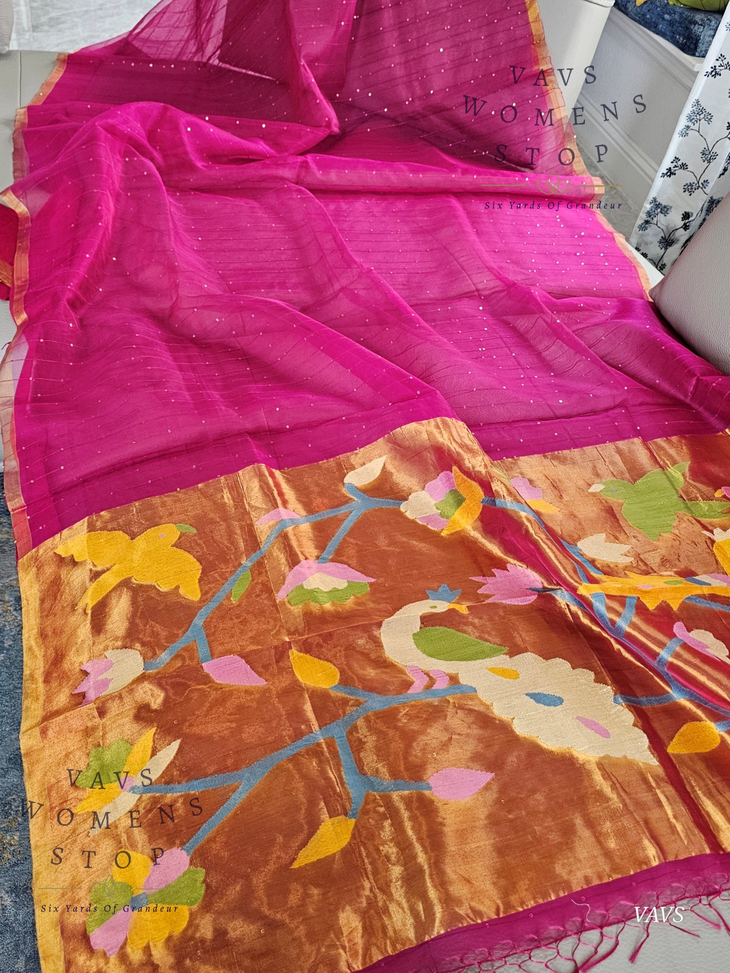 Pink Shade Pure Muslin Silk Saree with Sequins Work & Paithani Pallu