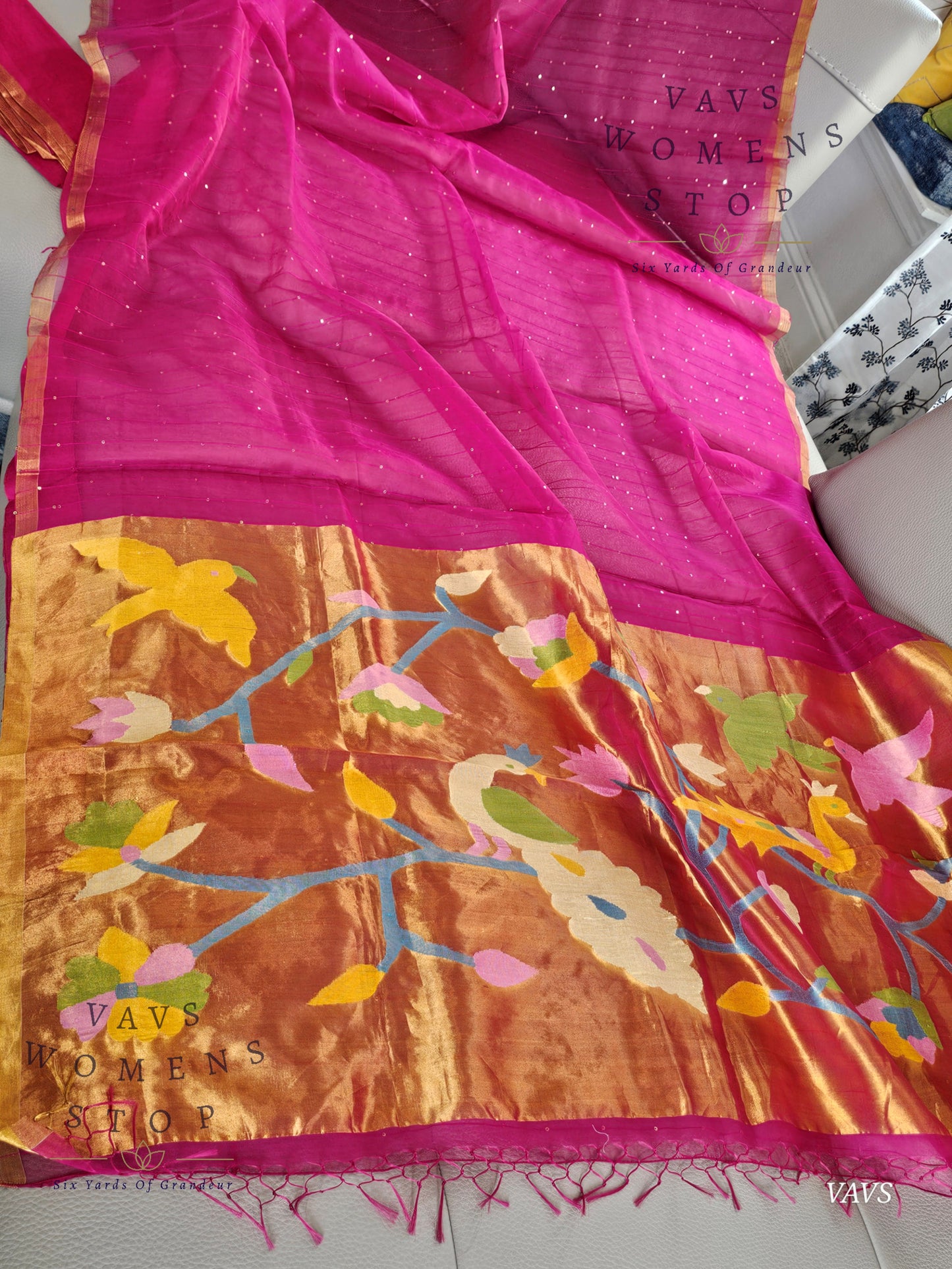 Pink Shade Pure Muslin Silk Saree with Sequins Work & Paithani Pallu