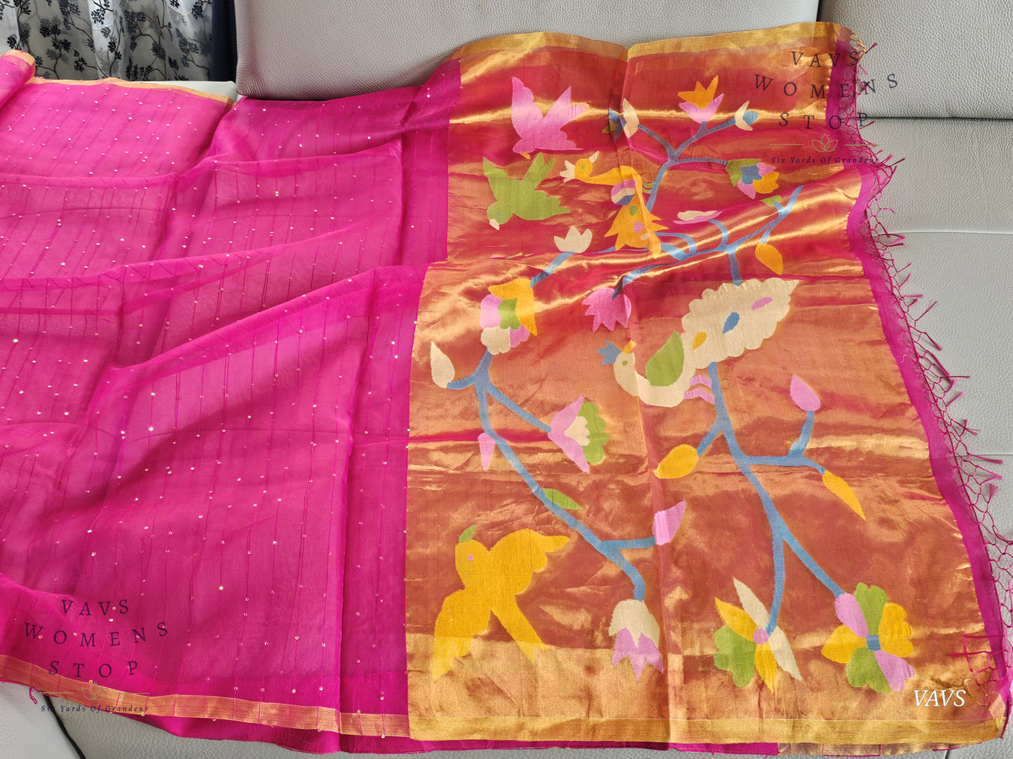 Pink Shade Pure Muslin Silk Saree with Sequins Work & Paithani Pallu