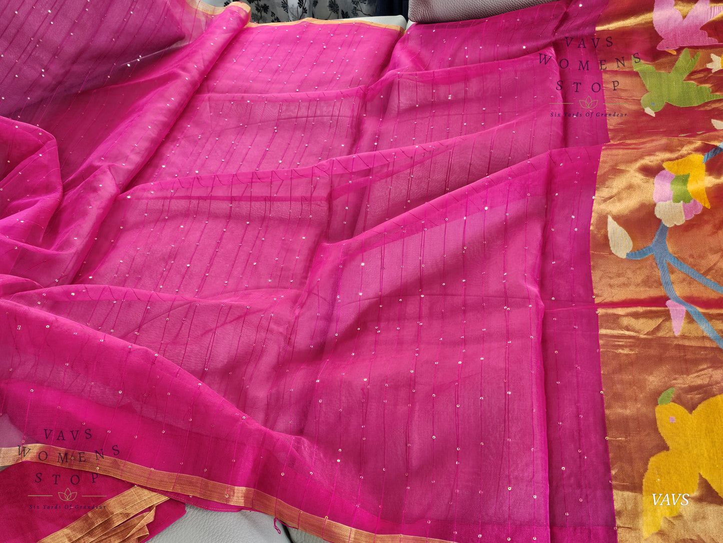 Pink Shade Pure Muslin Silk Saree with Sequins Work & Paithani Pallu