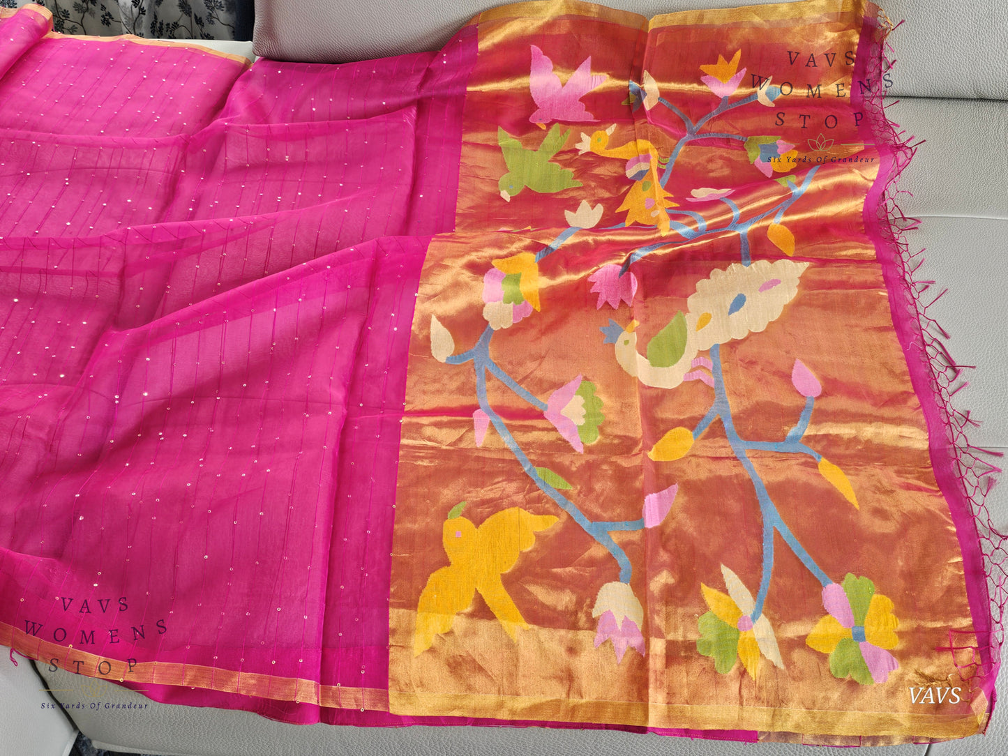 Pink Shade Pure Muslin Silk Saree with Sequins Work & Paithani Pallu
