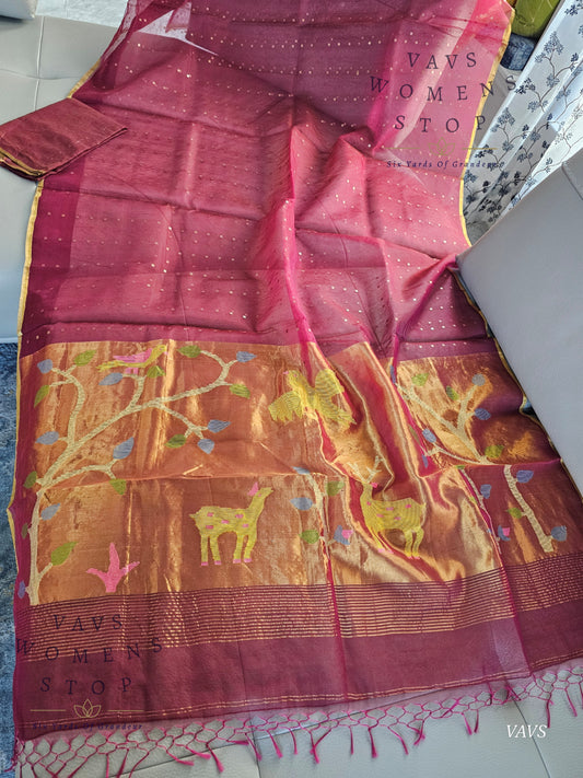 Buy Wine Muslin Silk Saree with Sequins & Paithani Pallu | Ready to Ship USA – Women’s Stop