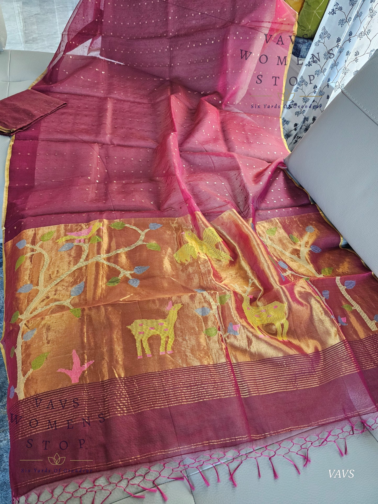 Wine Shade Pure Muslin Silk Saree with Sequins Work & Paithani Pallu
