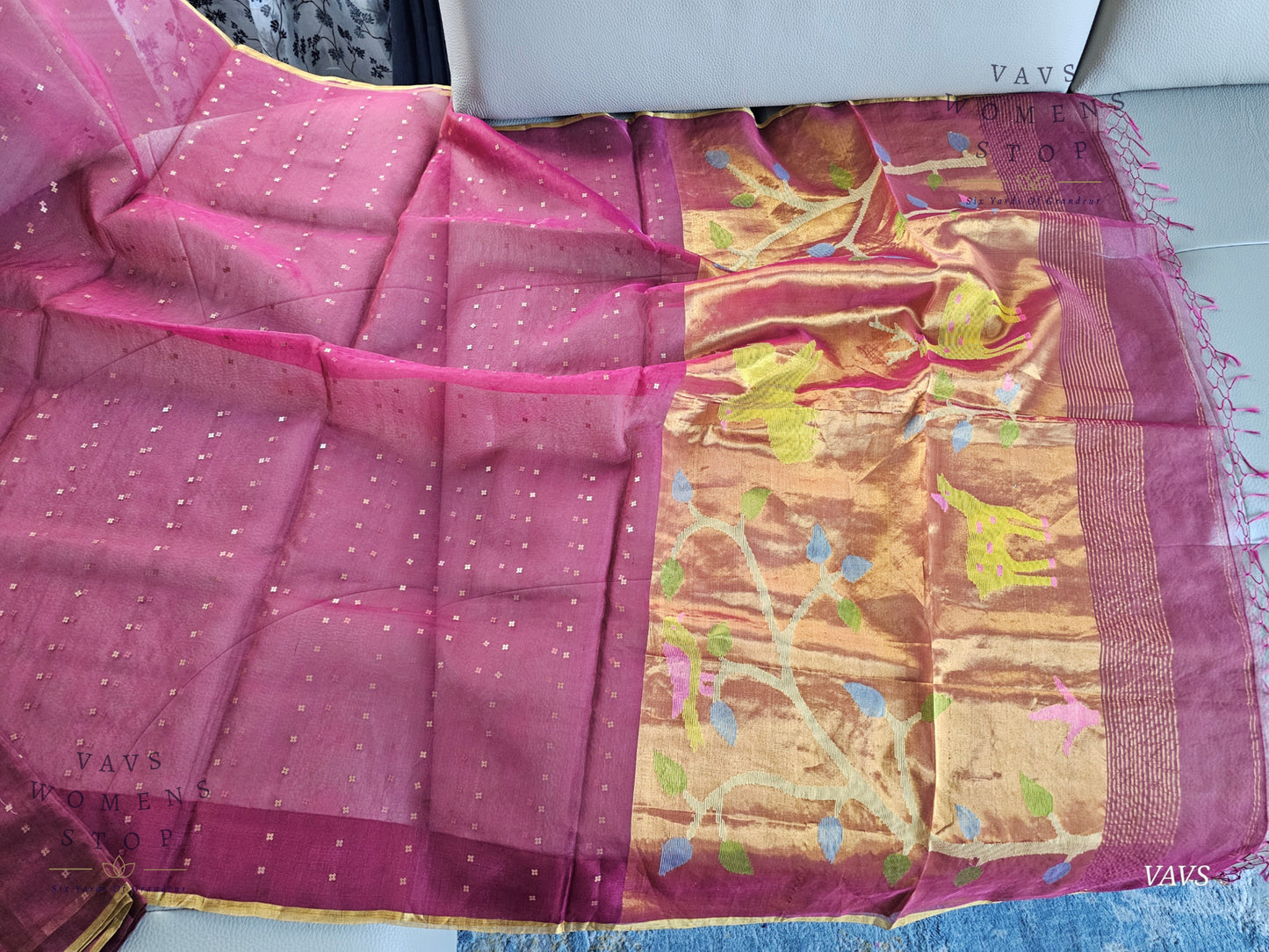 Wine Shade Pure Muslin Silk Saree with Sequins Work & Paithani Pallu