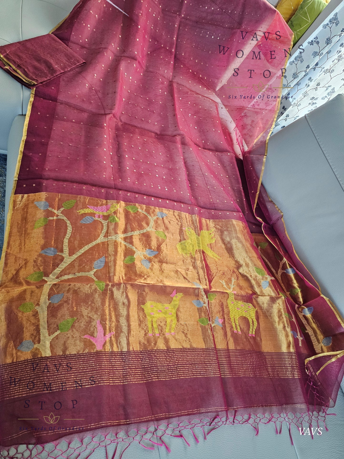 Wine Shade Pure Muslin Silk Saree with Sequins Work & Paithani Pallu