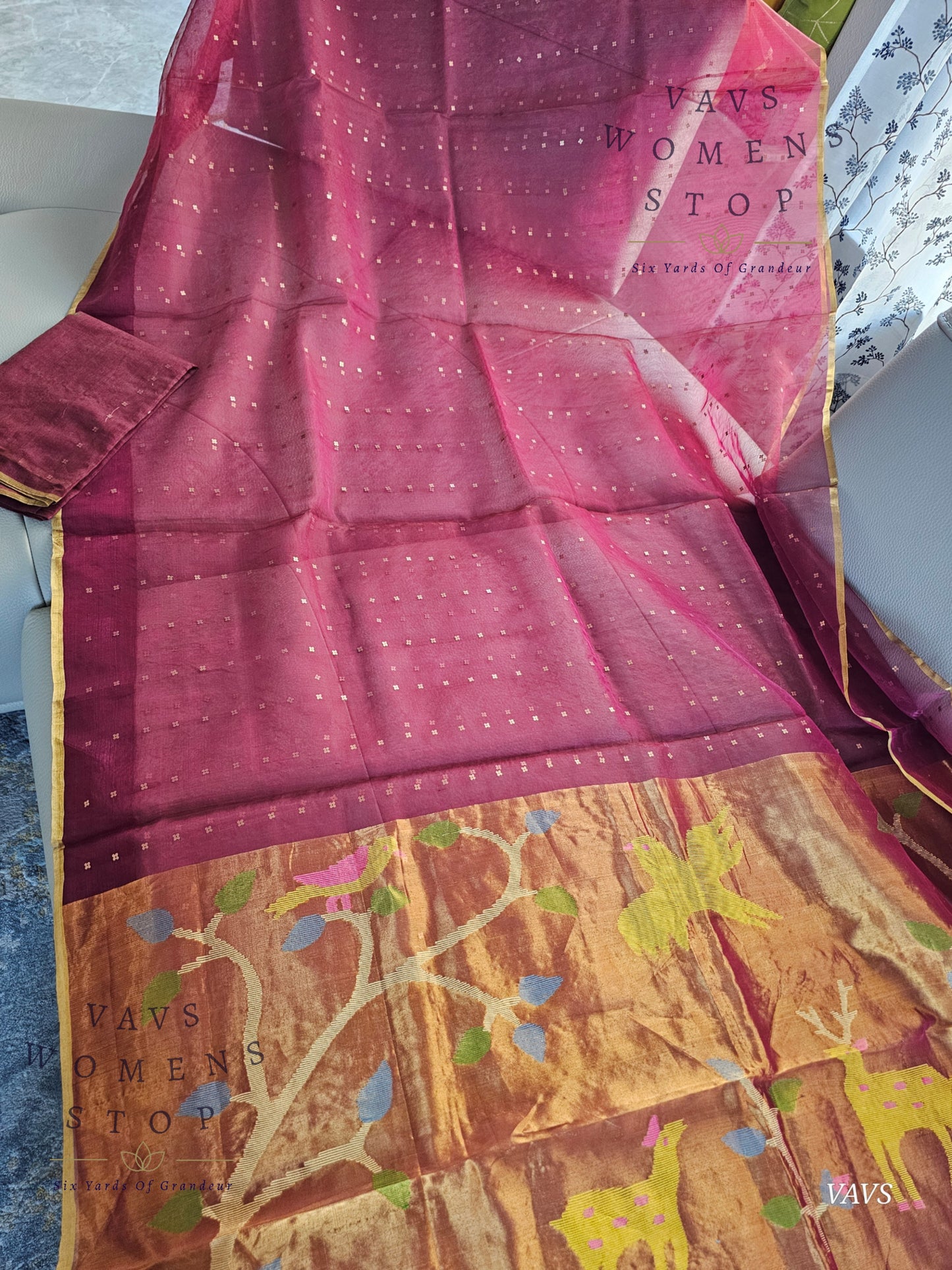 Wine Shade Pure Muslin Silk Saree with Sequins Work & Paithani Pallu