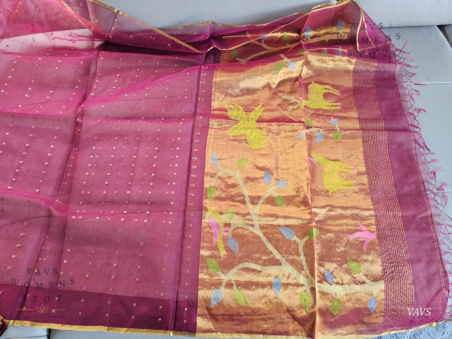 Wine Shade Pure Muslin Silk Saree with Sequins Work & Paithani Pallu