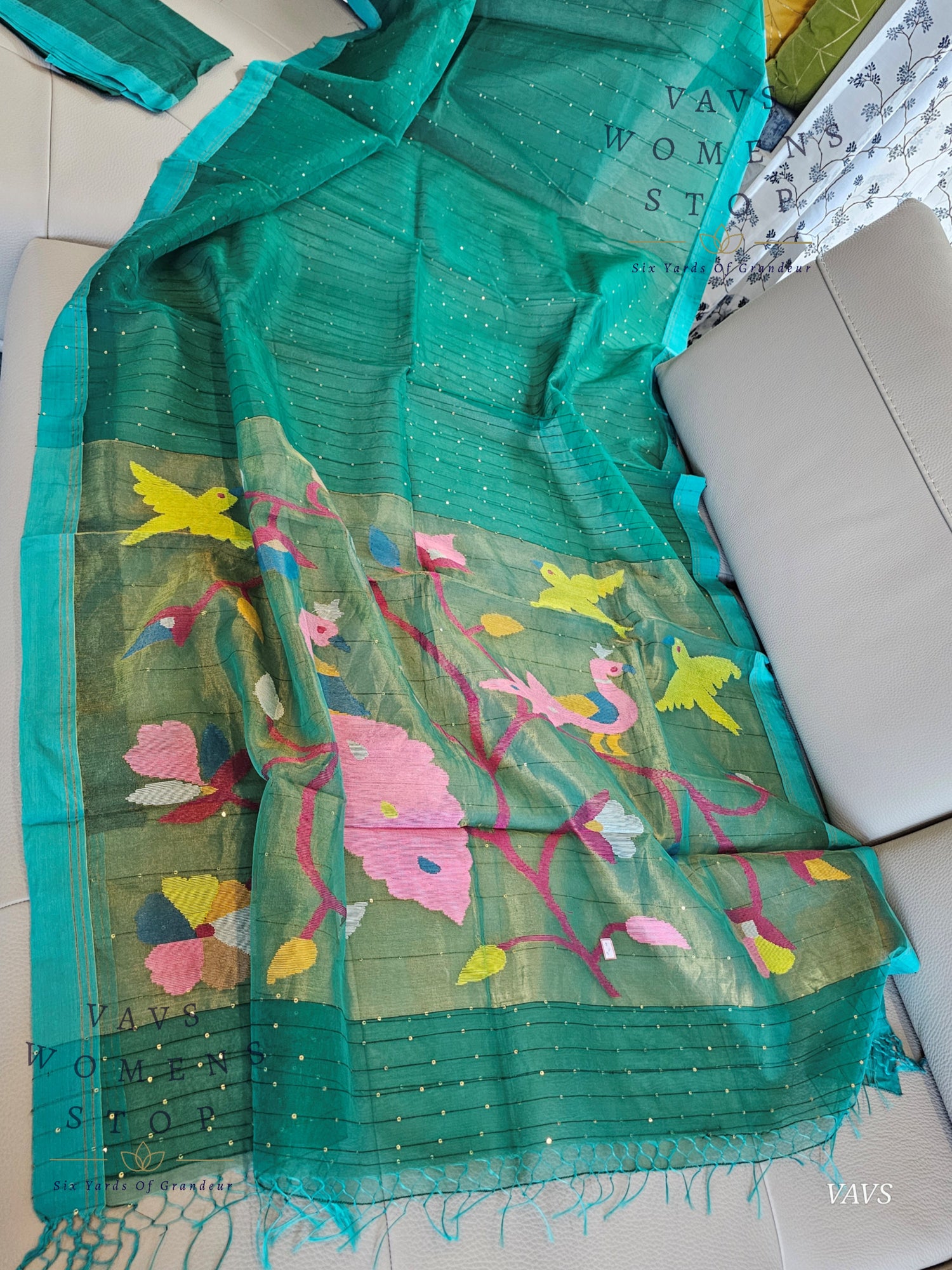 Buy Green Muslin Silk Saree with Sequins & Paithani Pallu | Ready to Ship USA –  Women’s Stop