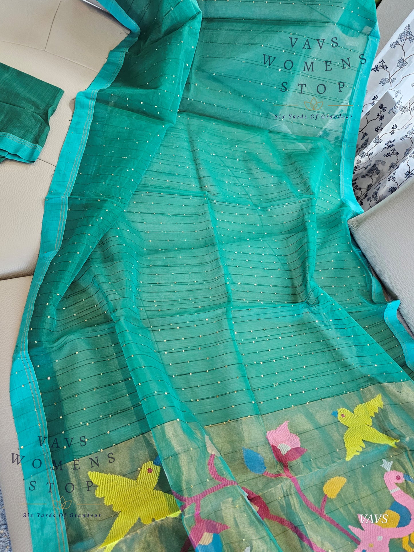 Green Shade Pure Muslin Silk Saree with Sequins Work & Paithani Pallu